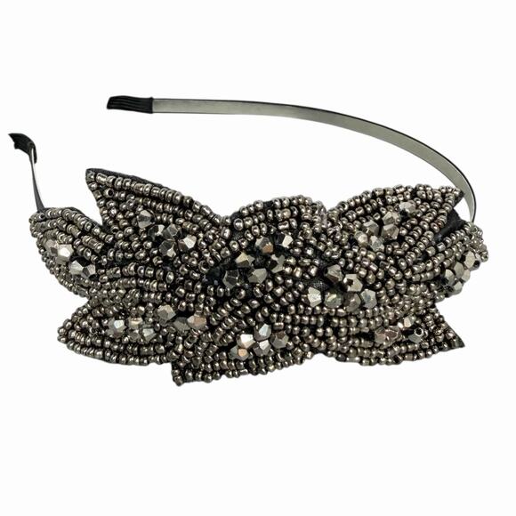 Black Beaded Rhinestone Leaf Headband Hair Accessory Womens One sz - Picture 2 of 5